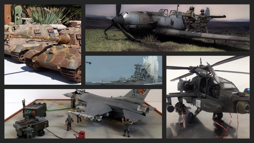 Scale models of Ah-64, Bf-109, Yamato BB, King Tiger and F-16